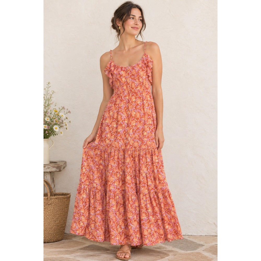 J Crew Maxi Dress Floral Ruffle Tiered Small Spaghetti Strap Cottagecore Boho